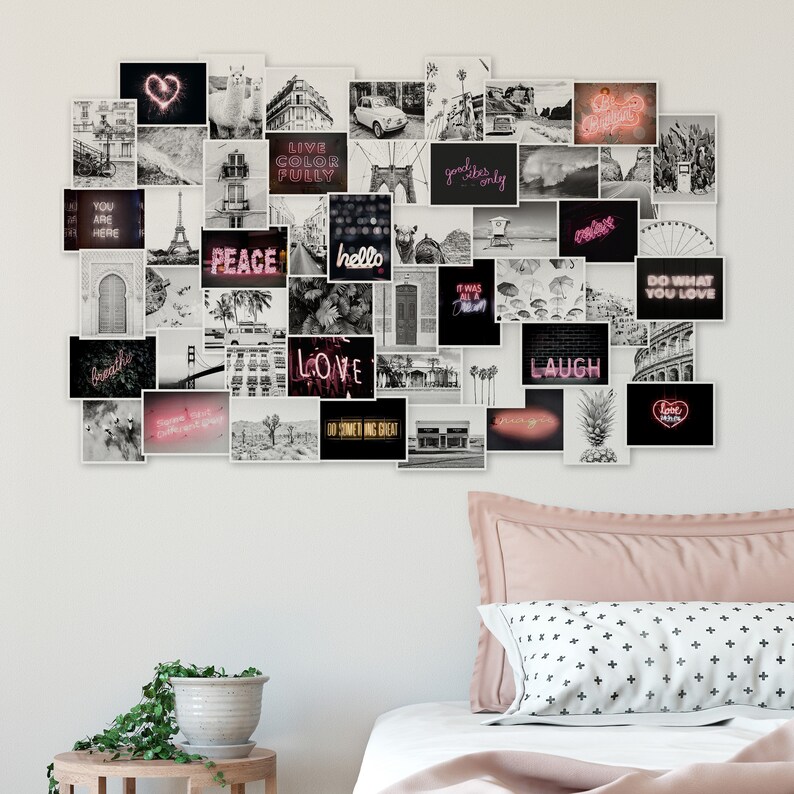 May include: A black and white photo collage with neon pink text. The text includes "Live Color Fully", "Peace", "Love", "Hello", "Laugh", "Do What You Love", "Good Vibes Only", "It Was All A Dream", and "Do Some Thing Great".