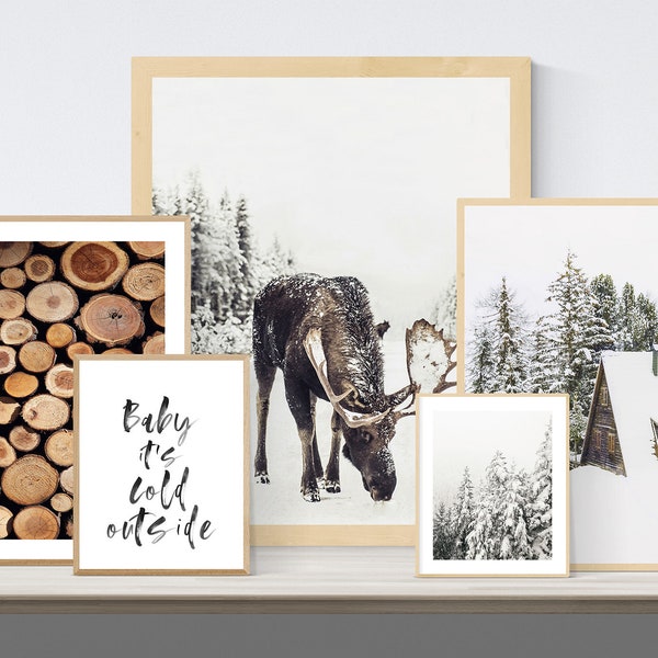 Winter Print Set of 5 Prints Moose Log Cabin Printable Art Woodland Christmas Decor Rustic Wall Art Wall Gallery Set Winter Poster Print