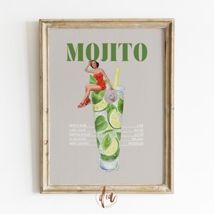 Mojito Cocktail Print, Retro Bar Cart Wall Art, Vintage Cocktail Collage Poster, Digital Print, Apartment Aesthetic, Gallery Wall Print