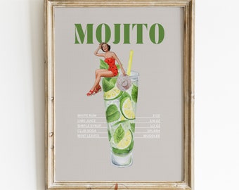 Mojito Cocktail Print, Retro Bar Cart Wall Art, Vintage Cocktail Collage Poster, Digital Print, Apartment Aesthetic, Gallery Wall Print