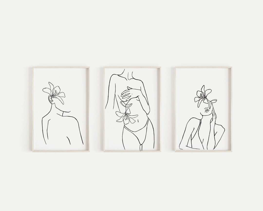 Female Nude Line Art Set of 3 Prints, Flower Head Line Art Print ...