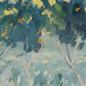 May include: A painting of a forest scene with green trees and orange fruit. The trees are painted with thick brushstrokes and the fruit is scattered throughout the scene.