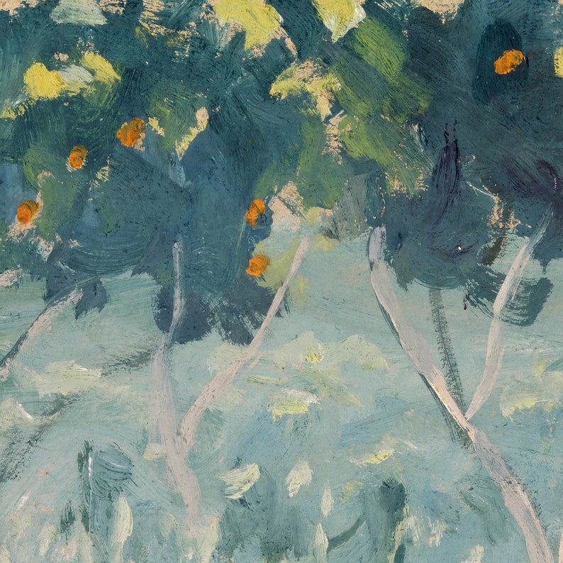 May include: A painting of a forest scene with green trees and orange fruit. The trees are painted with thick brushstrokes and the fruit is scattered throughout the scene.
