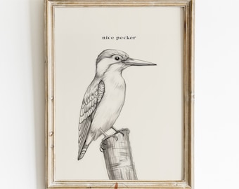 Funny Bathroom Printable Wall Art, Nice Pecker Digital Print, Toilet Humor, Funny Bathroom Decor, Vintage Illustration