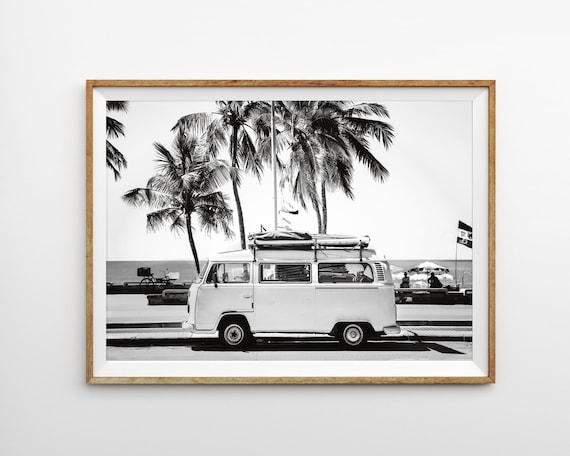 California Surf Van Print Boho Beach Poster Printable Art Black White Digital Download Beach Wall Art Kids Room Surf Board Dorm Room Print