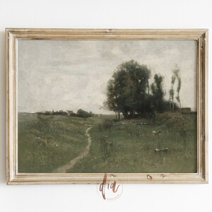 May include: A framed painting depicting a rural landscape with a winding path leading to a small village in the distance. The painting features a cloudy sky, green fields, and a cluster of trees in the foreground.