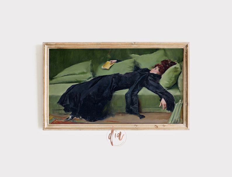 May include: A painting of a woman in a black dress lying on a green couch. She is holding a book in her hand and her head is resting on a pillow.