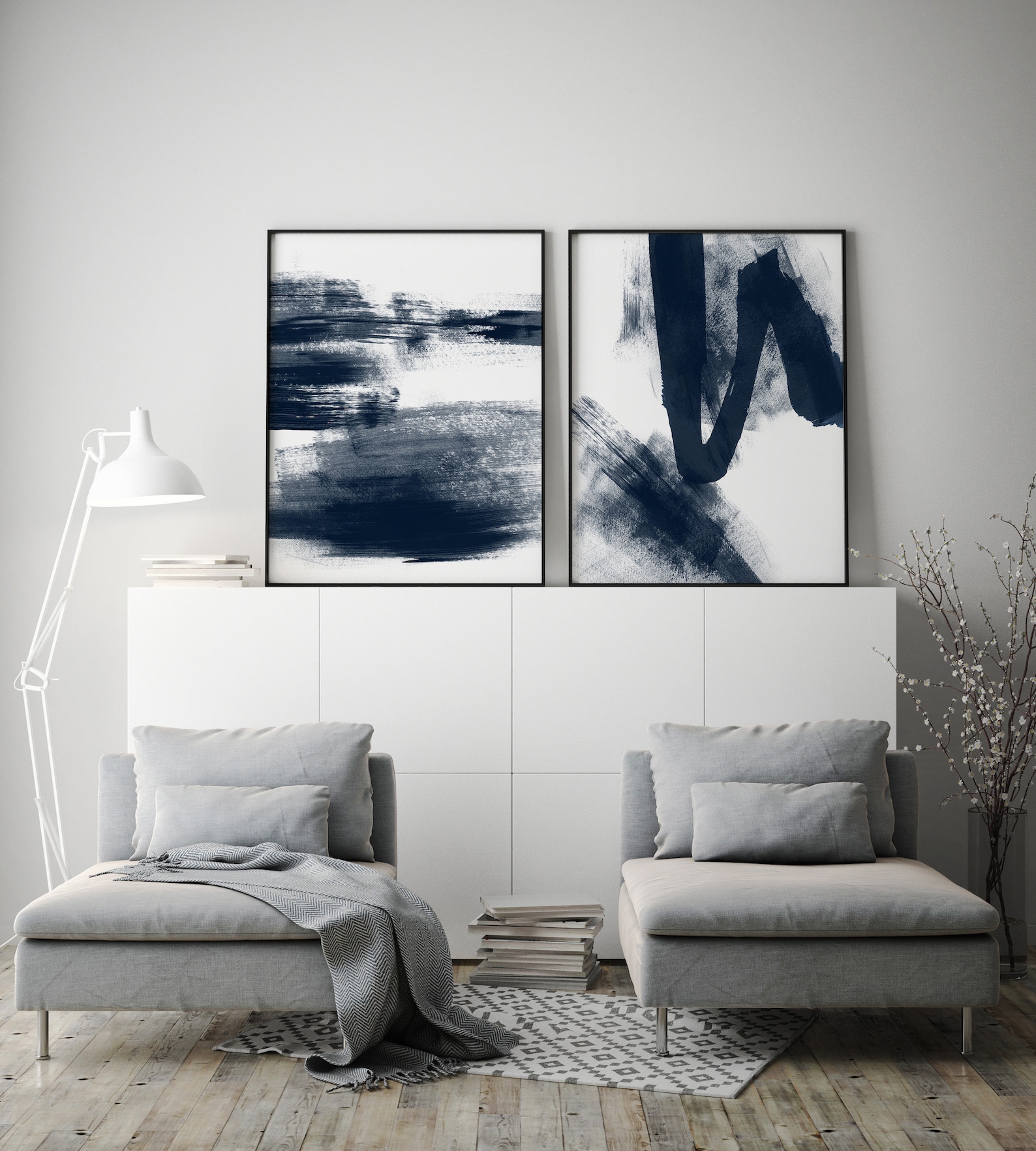 Indigo Blue Abstract Wall Art Set of 2 Prints Navy Watercolor Etsy Canada