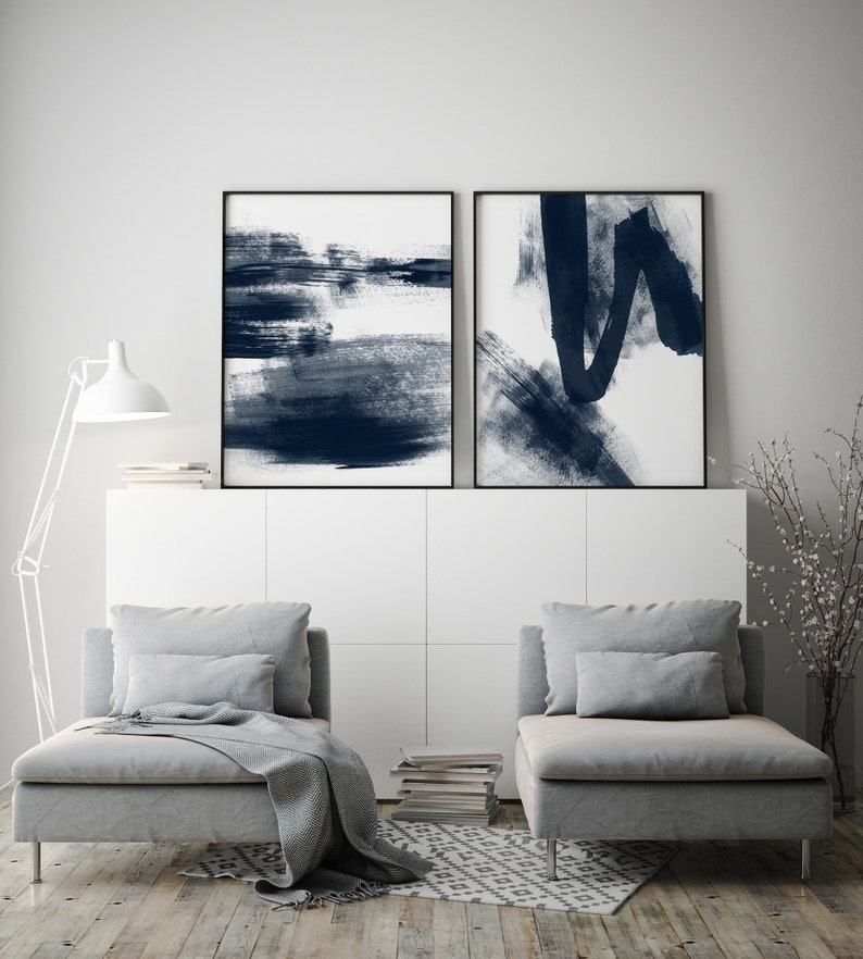 Indigo Blue Abstract Wall Art Set of 2 Prints Navy Watercolor Etsy