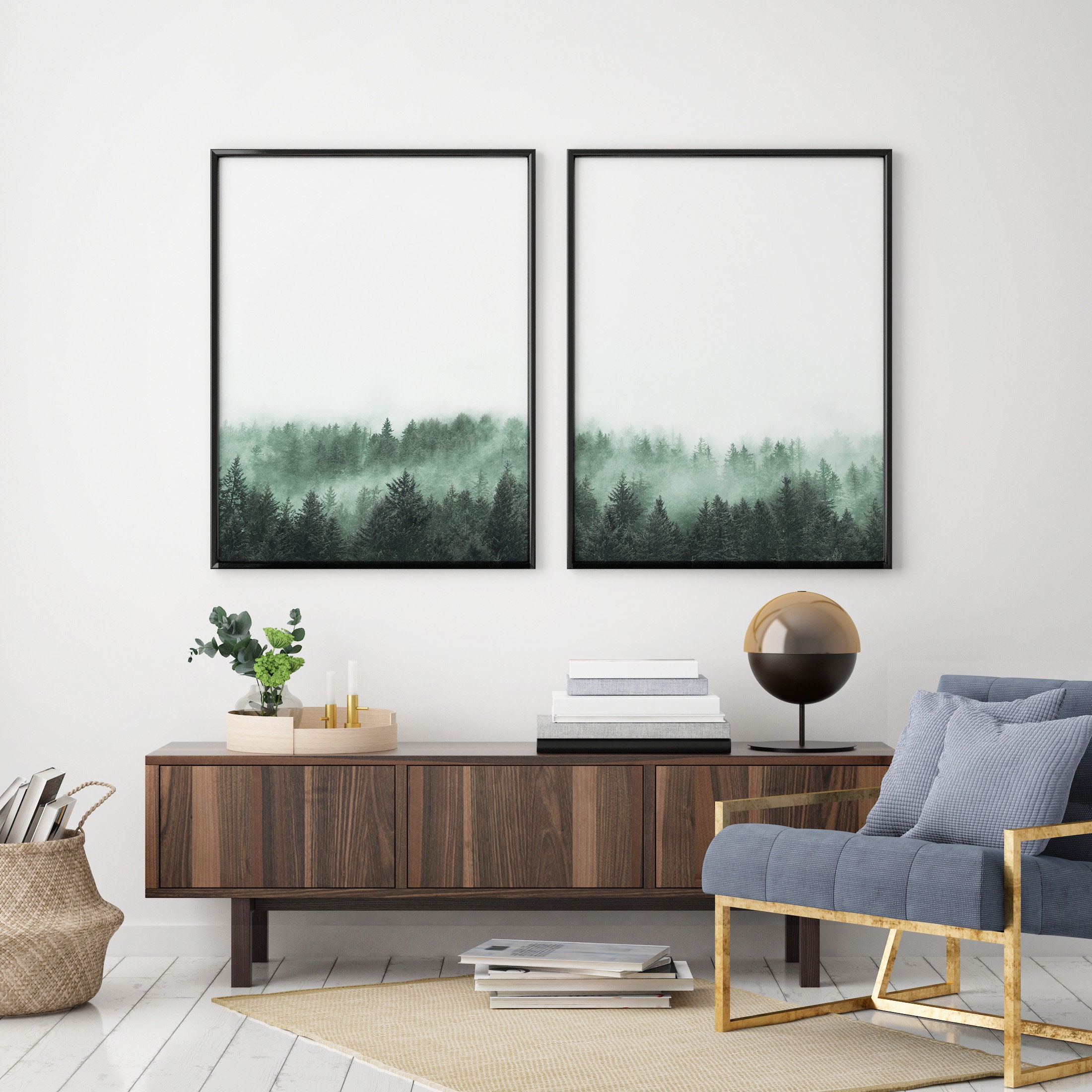 Set of 2 Prints Forest Wall Art Set Foggy Forest Print Nordic Print ...