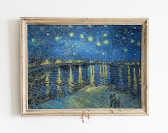 Van Gogh Starry Night over the Rhone Print, Digital Copy of Famous Paint, Landscape Vintage Print, Horizontal Wall Art, Vintage Painting