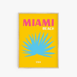 May include: A yellow poster with the text "MIAMI BEACH USA" in pink and white lettering. A blue stylized palm tree is in the centre of the poster.
