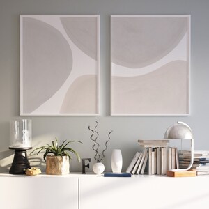2 Piece Mid Century Modern Abstract Wall Art, Neutral Tones Art Set Large Modern Wall Art Scandinavian Minimalist Decor Beige Grey Printable image 2