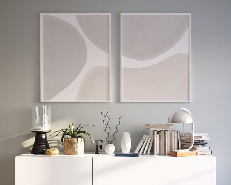 2 Piece Mid Century Modern Abstract Wall Art, Neutral Tones Art Set Large Modern Wall Art Scandinavian Minimalist Decor Beige Grey Printable image 2