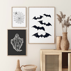 Halloween Druck 3er Set, moderne minimalistische Drucke, druckbare Wandkunst, Fledermaus Geister Kunst, Spinnennetz, Digitaldrucke, großes Poster Druck Bild 3