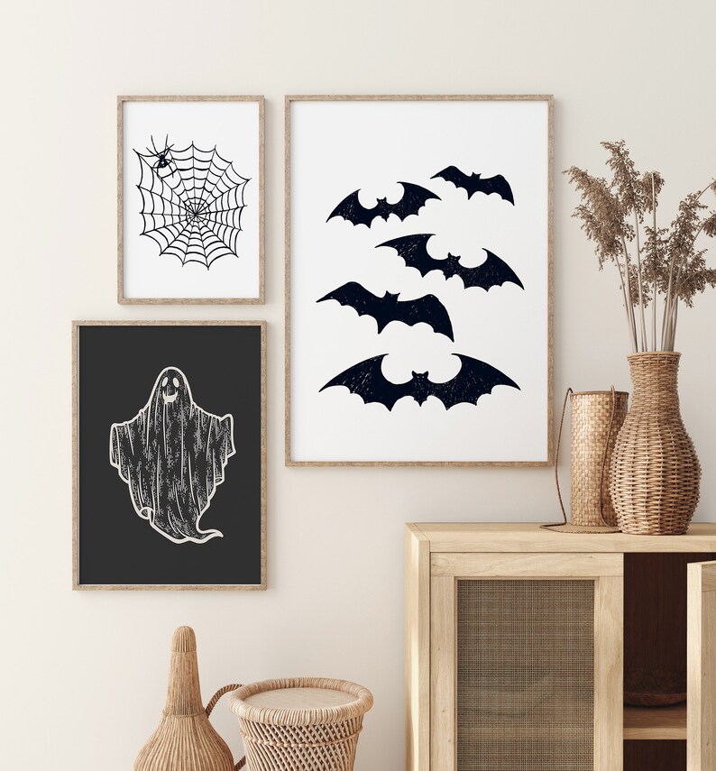 Halloween Druck 3er Set, moderne minimalistische Drucke, druckbare Wandkunst, Fledermaus Geister Kunst, Spinnennetz, Digitaldrucke, großes Poster Druck Bild 3