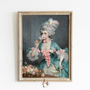 May include: Framed vintage portrait of a woman in a teal and pink gown, blowing a bubblegum bubble. The artwork features a gold frame and a basket of flowers in the foreground. The painting has a classical style.