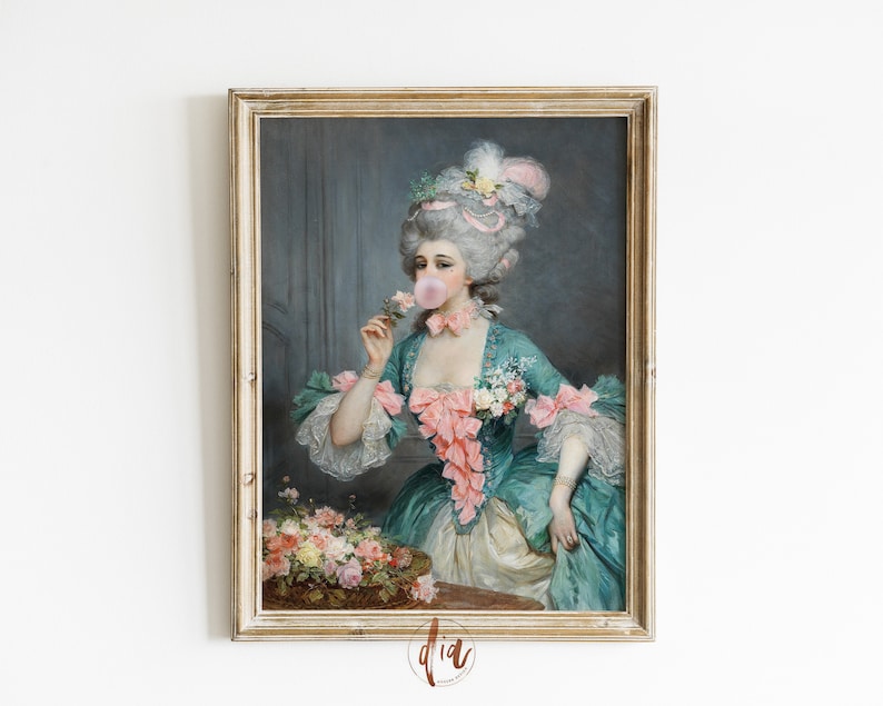 May include: Framed vintage portrait of a woman in a teal and pink gown, blowing a bubblegum bubble. The artwork features a gold frame and a basket of flowers in the foreground. The painting has a classical style.