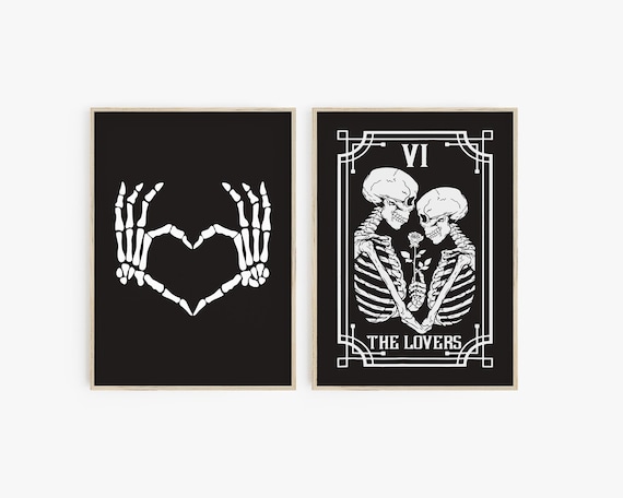 Set of 2 Skeleton Prints, Lovers Tarot Card, Halloween Poster Set, Skeleton Heart Poster, Dark Valentine Decor, Dark Gothic Cottagecore Art