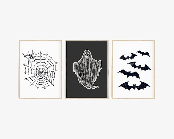 Halloween Print Set of 3, Modern Minimalist Prints, Printable Wall Art, Bat Ghost Art, Spider Web, Digital Prints, Large Poster Print