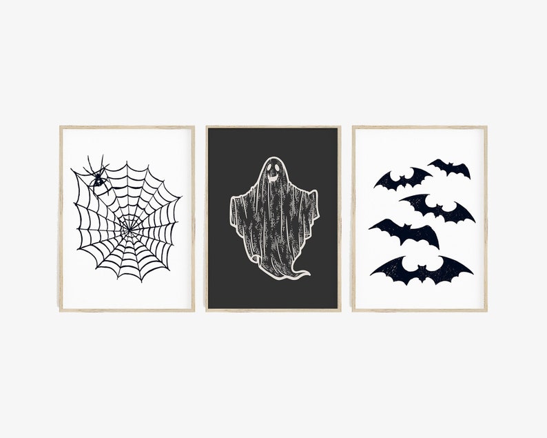 Halloween Druck 3er Set, moderne minimalistische Drucke, druckbare Wandkunst, Fledermaus Geister Kunst, Spinnennetz, Digitaldrucke, großes Poster Druck Bild 1