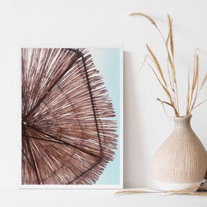 May include: A framed print of a close-up of a woven, brown, thatched roof against a blue sky.