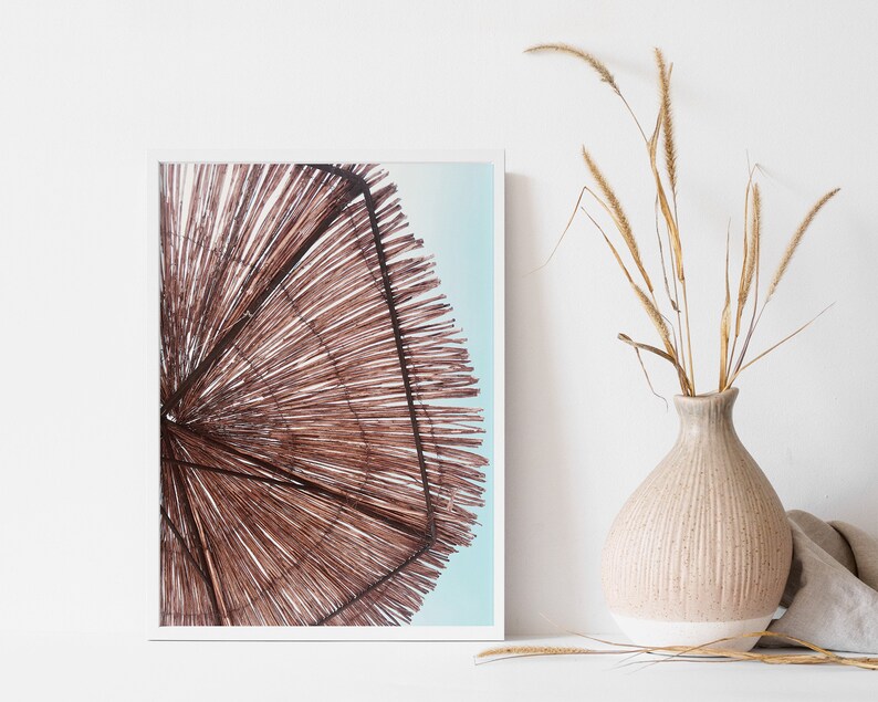 May include: A framed print of a close-up of a woven, brown, thatched roof against a blue sky.