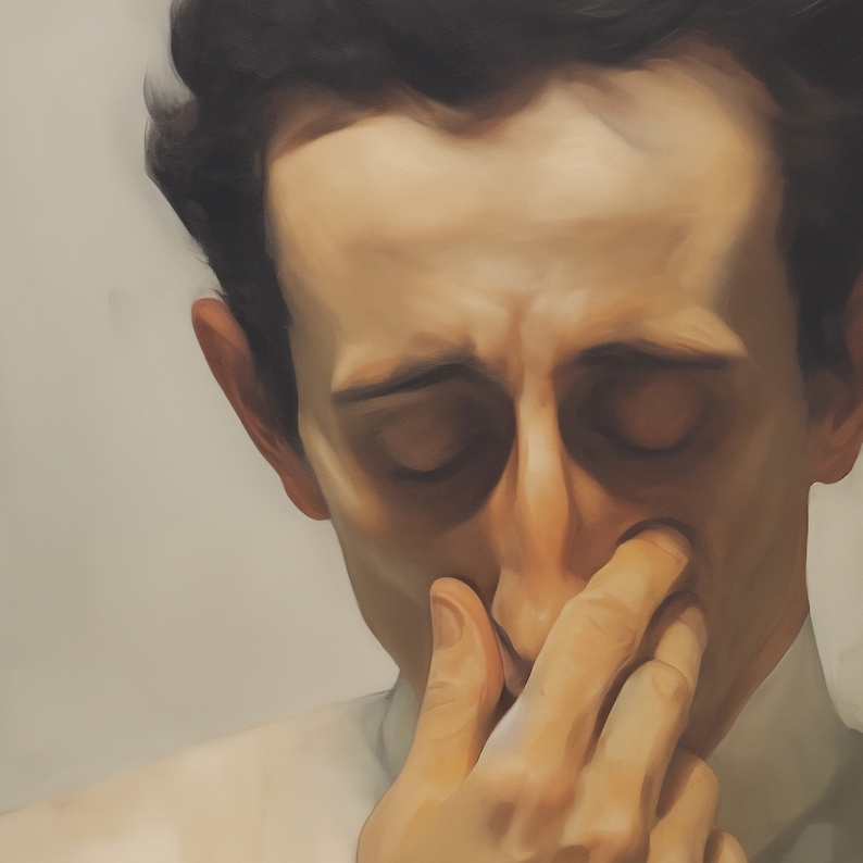 May include: A close-up of a man's face with his eyes closed. He is wearing a white shirt and has his hand covering his mouth and nose.