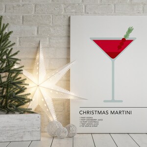 May include: A printable Christmas Martini cocktail recipe poster with a red martini glass illustration and a sprig of holly. The recipe includes 1 part vodka, 1 part cranberry juice, 1/2 part Cointreau, 1 tablespoon lemon juice, and 2 teaspoons simple syrup.
