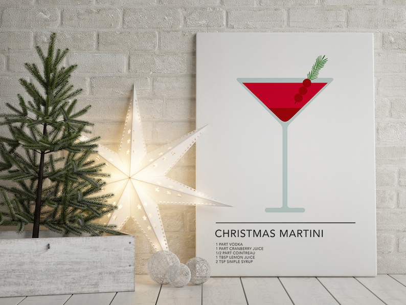 May include: A printable Christmas Martini cocktail recipe poster with a red martini glass illustration and a sprig of holly. The recipe includes 1 part vodka, 1 part cranberry juice, 1/2 part Cointreau, 1 tablespoon lemon juice, and 2 teaspoons simple syrup.