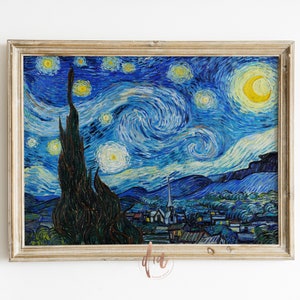Van Gogh Starry Night Print, Digital Copy of Famous Painting, Landscape Vintage Print, Blue Yellow Printable Art, Horizontal Wall Art