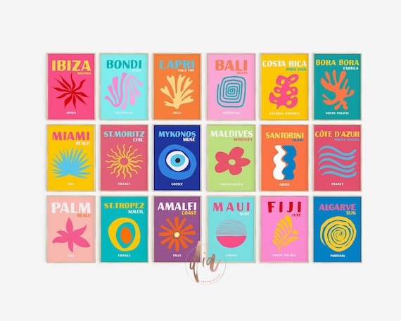 Preppy Room Decor Travel Poster Bundle Set of 18, Wall Collage Set, Maximalist Decor, Trendy Dorm Room Prints, Bali Ibiza Capri Bondi Palm