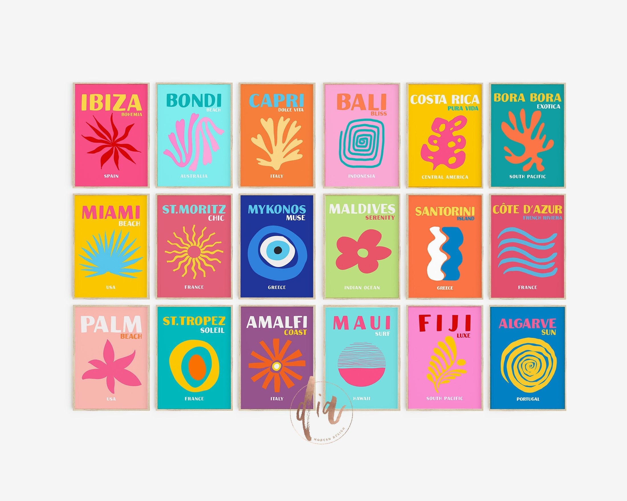 Preppy Room Decor Travel Poster Bundle Set of 18, Wall Collage Set, Maximalist Decor, Trendy Dorm Room Prints, Bali Ibiza Capri Bondi Palm