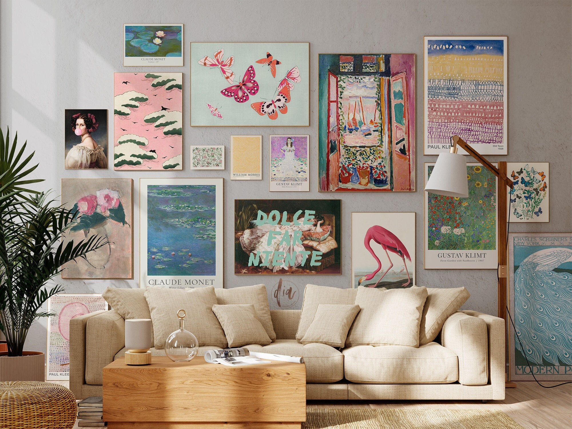 Eclectic Gallery Wall Set of 17, Pink Blue Trendy Wall Art Bundle