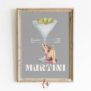 Impresión de cóctel Martini, impresión de arte de carrito de bar retro, cartel de collage de cóctel vintage, impresión digital, estética de apartamento, impresión de pared de galería