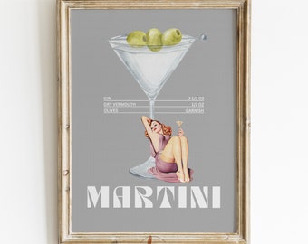 Martini Cocktail Print, Retro Bar Cart Art Print, Vintage Cocktail Collage Poster, Digital Print, Apartment Aesthetic, Gallery Wall Print