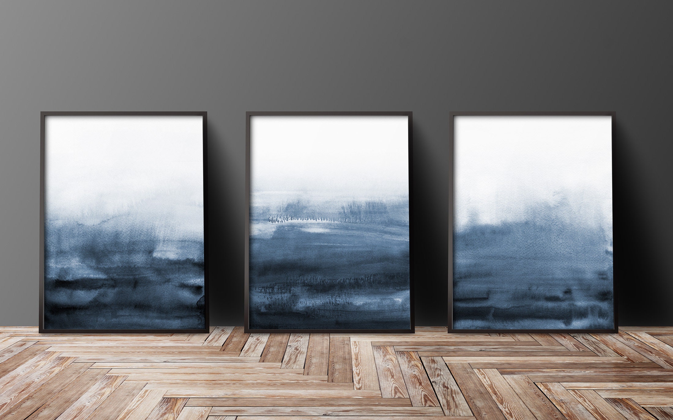 Abstract Wall Art Prints Navy Blue Watercolor Print Set of 3 Prints ...