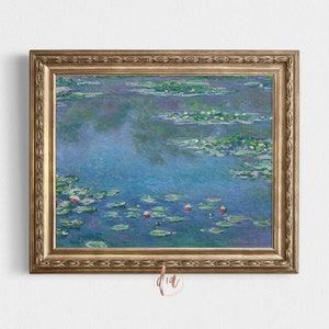 May include: A framed painting of a blue pond with water lilies and pink flowers. The painting is in a gold frame with a decorative border.