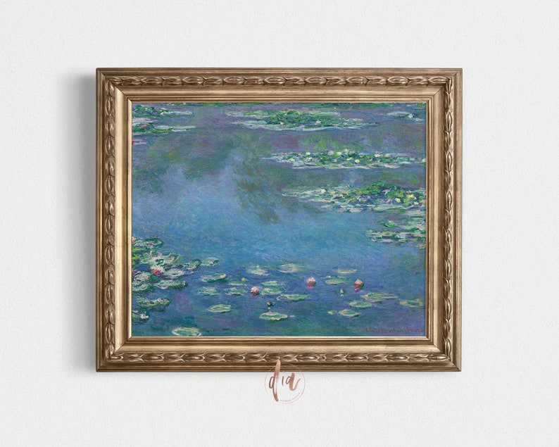 May include: A framed painting of a blue pond with water lilies and pink flowers. The painting is in a gold frame with a decorative border.