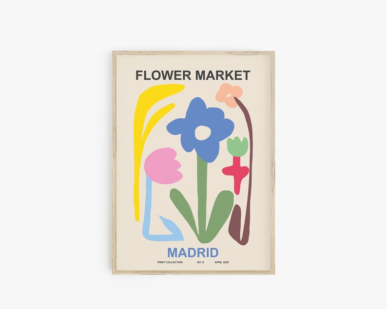 May include: A poster with the text "FLOWER MARKET MADRID" in black lettering. The poster features a colorful abstract illustration of flowers in shades of pink, yellow, blue, green, and red.