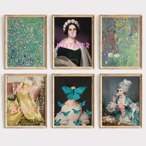 May include: Set of six framed art prints. The prints feature vintage-style portraits and floral paintings. Some portraits have bubblegum and text overlays. The frames are a light brown color. The overall theme is a mix of classic art with modern elements.