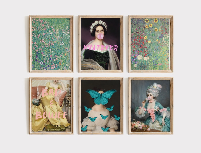 May include: Set of six framed art prints. The prints feature vintage-style portraits and floral paintings. Some portraits have bubblegum and text overlays. The frames are a light brown color. The overall theme is a mix of classic art with modern elements.