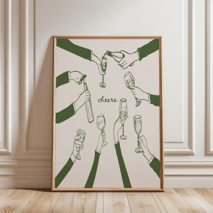 May include: A green and white illustration of people raising their glasses in a toast. The text "cheers" is written in the centre of the image.
