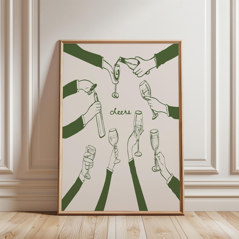May include: A green and white illustration of people raising their glasses in a toast. The text "cheers" is written in the centre of the image.
