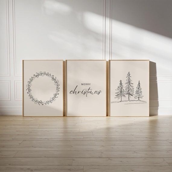 Minimalist Christmas Print Set of 3, Neutral Merry Christmas Wall Gallery Set, Xmas Printable Wall Art, Holiday Decor, Digital Download