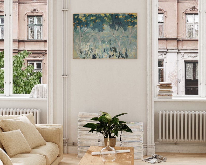May include: A painting of a landscape with trees and a blue sky. The trees are in the foreground and the sky is in the background. The painting is in a white frame and is hanging on a white wall.