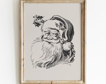 Rysunek Świętego Mikołaja, Szkic Świętego Mikołaja w stylu vintage, Wydruk sztuki ściennej na Boże Narodzenie, Wydruk minimalistyczny, Wydruk świąteczny, Plakat świąteczny w stylu vintage estetyczny
