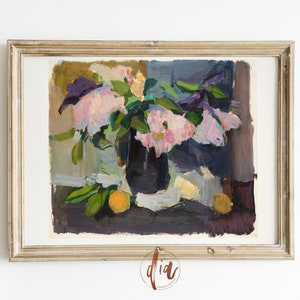Bright Abstract Floral Painting, Vintage Abstract Still Life Print, Pink Flowers Horizontal Wall Art, Vibrant Print, Printable Wall Art