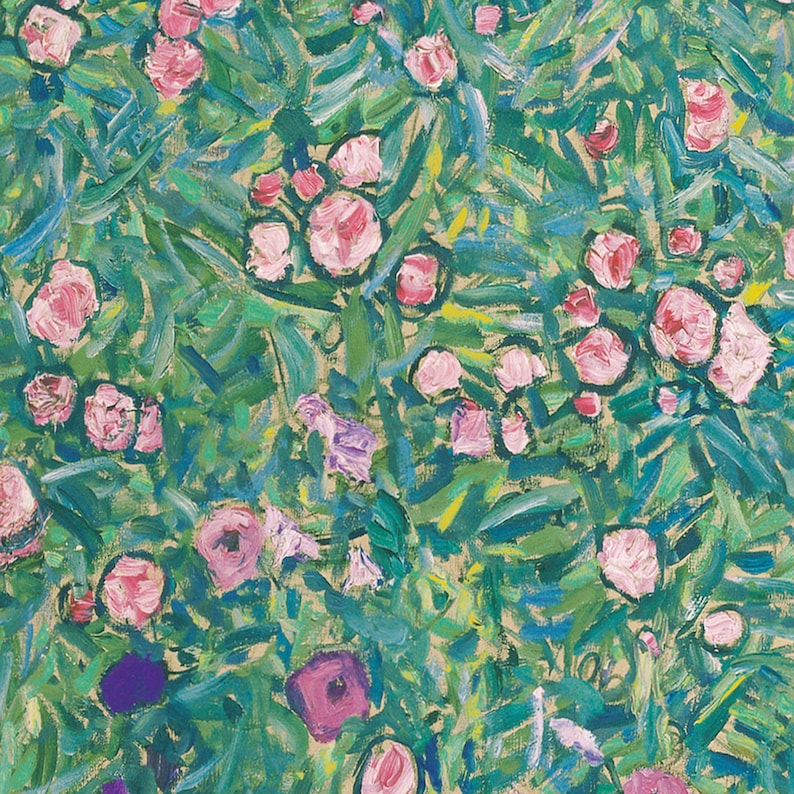 Op de afbeelding: Een schilderij van een veld met roze bloemen en groene bladeren. De bloemen zijn geschilderd in een losse, impressionistische stijl.