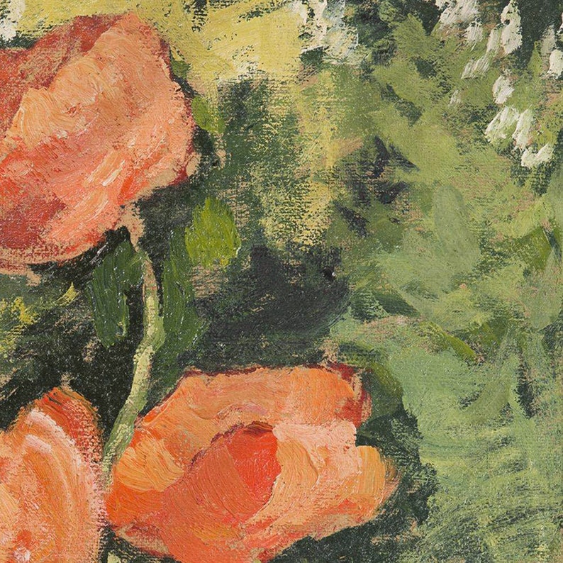 Puede incluir: Primer plano de una pintura impresionista con vibrantes flores de color naranja-rojo y follaje verde. Las pinceladas son visibles, creando un efecto texturizado. La obra evoca una sensaci&oacute;n de naturaleza y belleza floral.